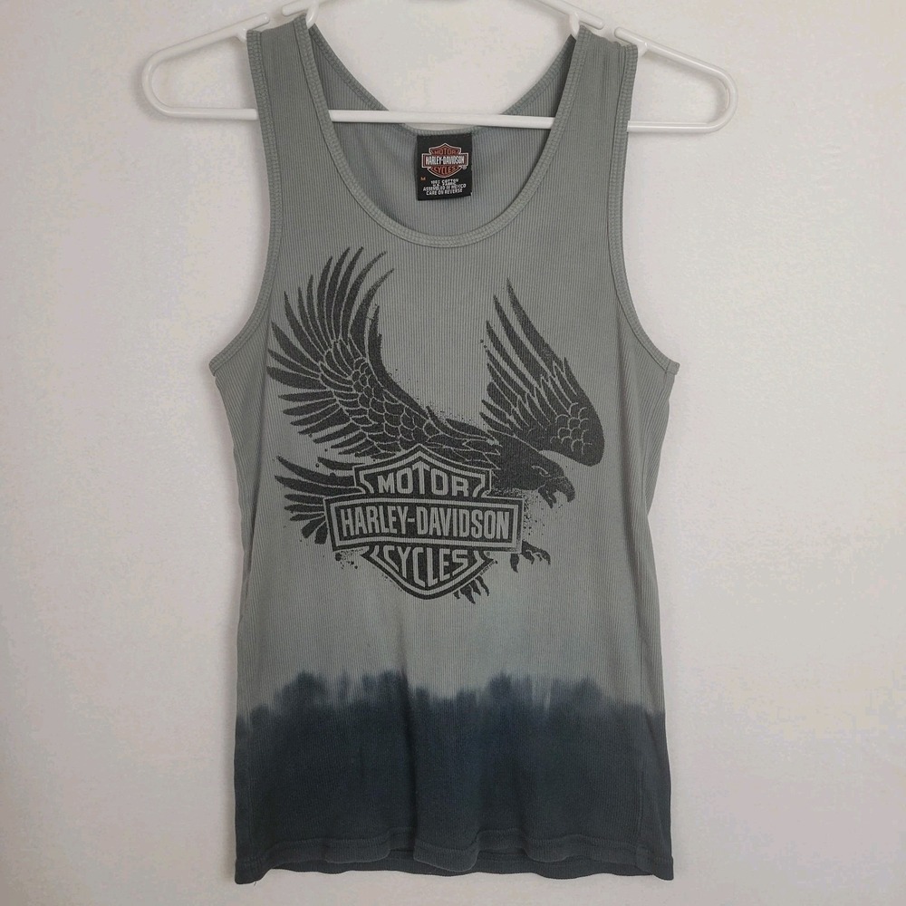 Vintage Harley-Davidson Ribbed Eagle Dip-Dye Tank Top M Cotton Gray Y2K Tribal